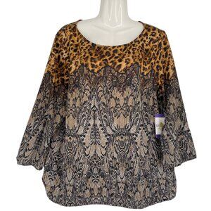 Ann Taylor Womens XL Cheetah Print Damask Blouse Long Sleeve Round Neck Flowy
